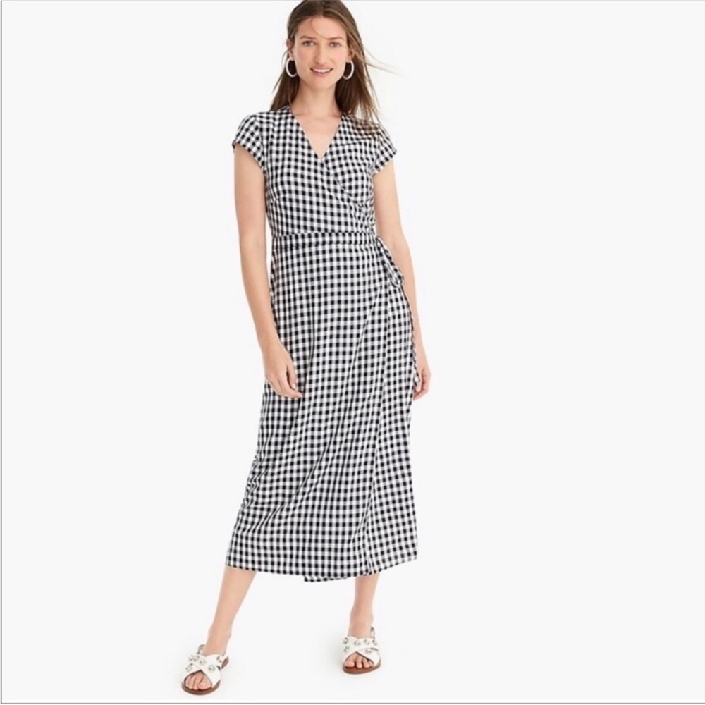 J. Crew Black and White Gingham Midi Wrap Dress